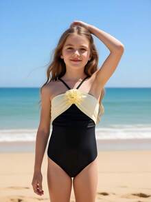 Tween Girl Floral Halter One-Piece Swimsuit With Black And Beige Contrast - Black and White - View 7