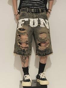 STEELVANCE Men's Casual Street Washed Distressed Letter Print Denim Shorts, Summer - Light Wash - View 1