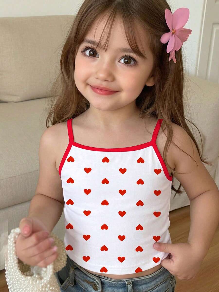 SHEIN 1 pieza Camiseta de tirantes roja con estampado de corazones pequeños y lindos para niña, de moda, versátil, adecuada para verano Y2K, Día de San Valentín, vacaciones, moda diaria - Multicolor - Ver 1