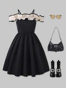 ChillGRL Elegant Ruffled Off-Shoulder Black Slip Dress, Suitable For Outdoor Activities And Casual Daily Wear, Summer Dress - Black - View 6