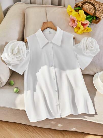 ChillGRL Teen Girl Floral Embroidered Cutout Shoulder Collared Button Down White Blouse, Elegant For Casual, Holiday, And Work Wear, Spring/Summer