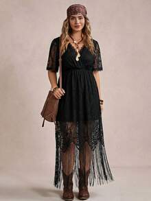 SHEIN LUNE 大码女式V领短袖流苏下摆优雅蕾丝连衣裙黑色连衣裙，适合情人节、生日等场合，优雅百搭。 - 黑色 - 查看 6