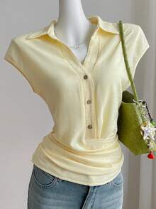 SHEIN EZwear 女士黄色梭织单排扣褶裥休闲衬衫 - 淡黃色 - 查看 9