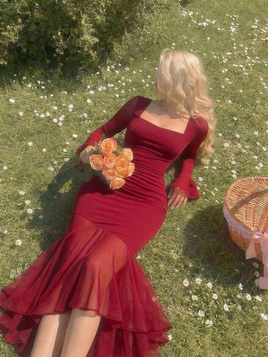 SHEIN MOD 女士优雅派对纯色喇叭袖鱼尾中长连衣裙 - 紅色 - 查看 1