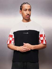 PLAYBOY X SUMWON Flame Logo Color Block Short Sleeve Crew Neck Regular Fit Number 53 Varsity Style Graphic Back Print Cotton Casual Streetwear Summer Weekend Wear - Black - View 2
