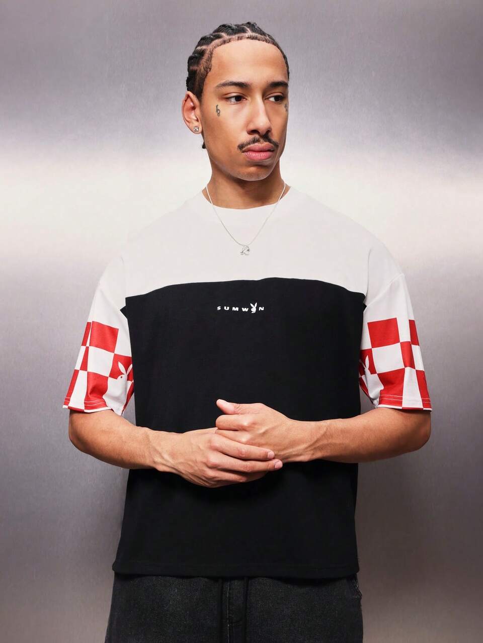 PLAYBOY X SUMWON Flame Logo Color Block Short Sleeve Crew Neck Regular Fit Number 53 Varsity Style Graphic Back Print Cotton Casual Streetwear Summer Weekend Wear