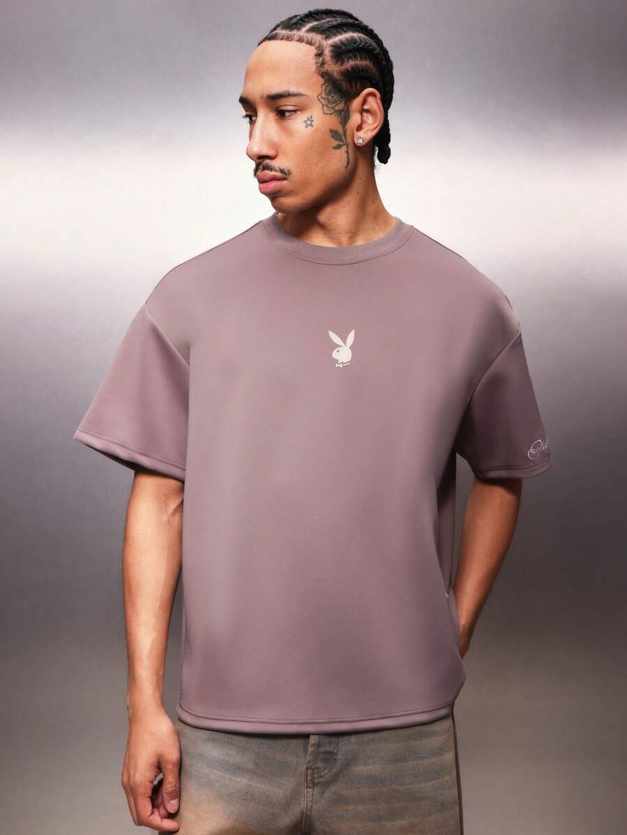 PLAYBOY X SUMWON 男士必备常规版型圆领短袖T恤，饰有白色兔子标志，休闲日常穿着 - 淺灰紫 - 查看 1