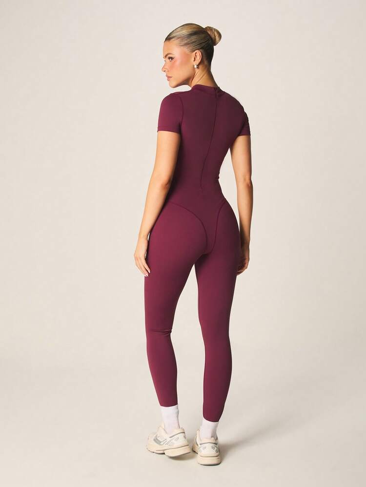 MISSGUIDED Athletic Mock Neck Full Length Jumpsuit With Short Sleeves And Seaming Detail For Activewear Training Gym