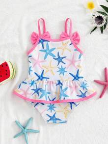 SHEIN Babyflicka fjärilsdekor sjöstjärnmönster volang avslappnad strandsemester spaghettiband endelad baddräkt, babyflicka - Multifärgad - Visa 1