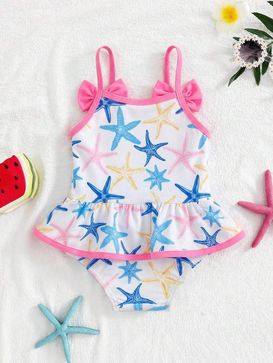 SHEIN Babyflicka fjärilsdekor sjöstjärnmönster volang avslappnad strandsemester spaghettiband endelad baddräkt, babyflicka - Multifärgad - Visa 1