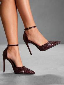 CUCCOO SZL 女士尖头细高跟酒红色亮片踝带镂空鞋，时尚性感，适合晚宴、夜店等场合，女士高跟鞋 - 格麗特酒紅 - 查看 3