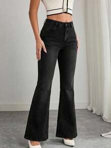 SHEIN Cottnline Plus Size Solid Color Fitted Pocket Flare Leg Casual Jeans - Black - View 4