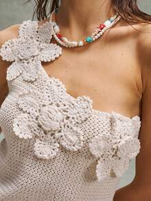 Bohemela Blusa sin mangas de punto con cuello asimétrico y decoración floral, estilo boho para primavera/verano, vintage, para mujer. Adecuado para vacaciones en la playa, uso diario, vuelta al colegio, salidas y fiestas. Estilo occidental y country para San Valentín, conciertos y fiestas. - Albaricoque - Ver 9