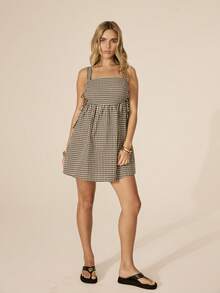 Aralina 女士格子方领系带娃娃裙夏季迷你连衣裙可爱情人节派对假日度假装扮Y2K斯德哥尔摩风格 - 黑與白 - 查看 3