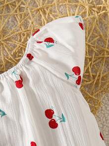 SHEIN Vintaside Kids 新生女宝宝简约樱桃图案圆领荷叶袖连体衣，配同款蝴蝶结发带，适合日常穿着，春夏款 - 白色 - 查看 6