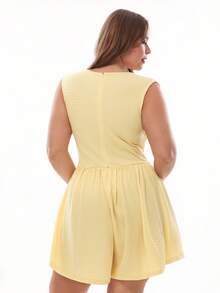 Solavibe Women Plus Size Butter Yellow Summer Romper,Smart Casual Sleeveless Solid Color Jumpsuit,Vacation Style Beach Holiday Outfits Curve Clothes - Yellow - View 8