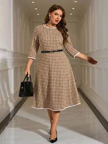 EMERY ROSE Plus Size Women's Summer White Autumn 1920s Everyday Plaid Print Contrast Trim Elegant Commuter Dress,Vacation Outfits,Spring Break,Modest Sun Dresses - Apricot - View 6