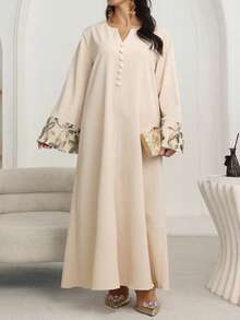 Al Najma فستان أنيق بأكمام طويلة وطبعات زهور على شبكة قماش، بأسلوب عربي أنيق، مقاسات كبيرة للنساء، موسم الخريف/الشتاء، بلون المشمش - لون مشمشي - مشاهدة 3