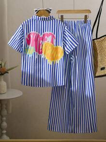 SHEIN Tween Girls' Casual Striped Shirt & Pants T-Shirt Set, Suitable For Vacation, Outing, School, Style - Blue - View 3
