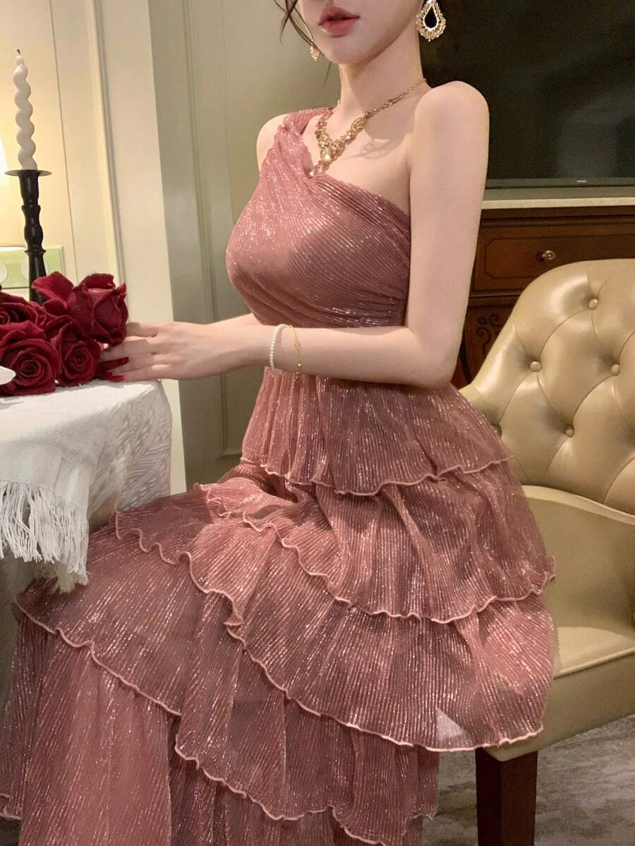 DAZY 闪亮、弹力、优雅的单肩甜美蛋糕裙，适合女士、婚礼宾客、女士长款连衣裙/吊带裙 - 粉色 - 查看 1