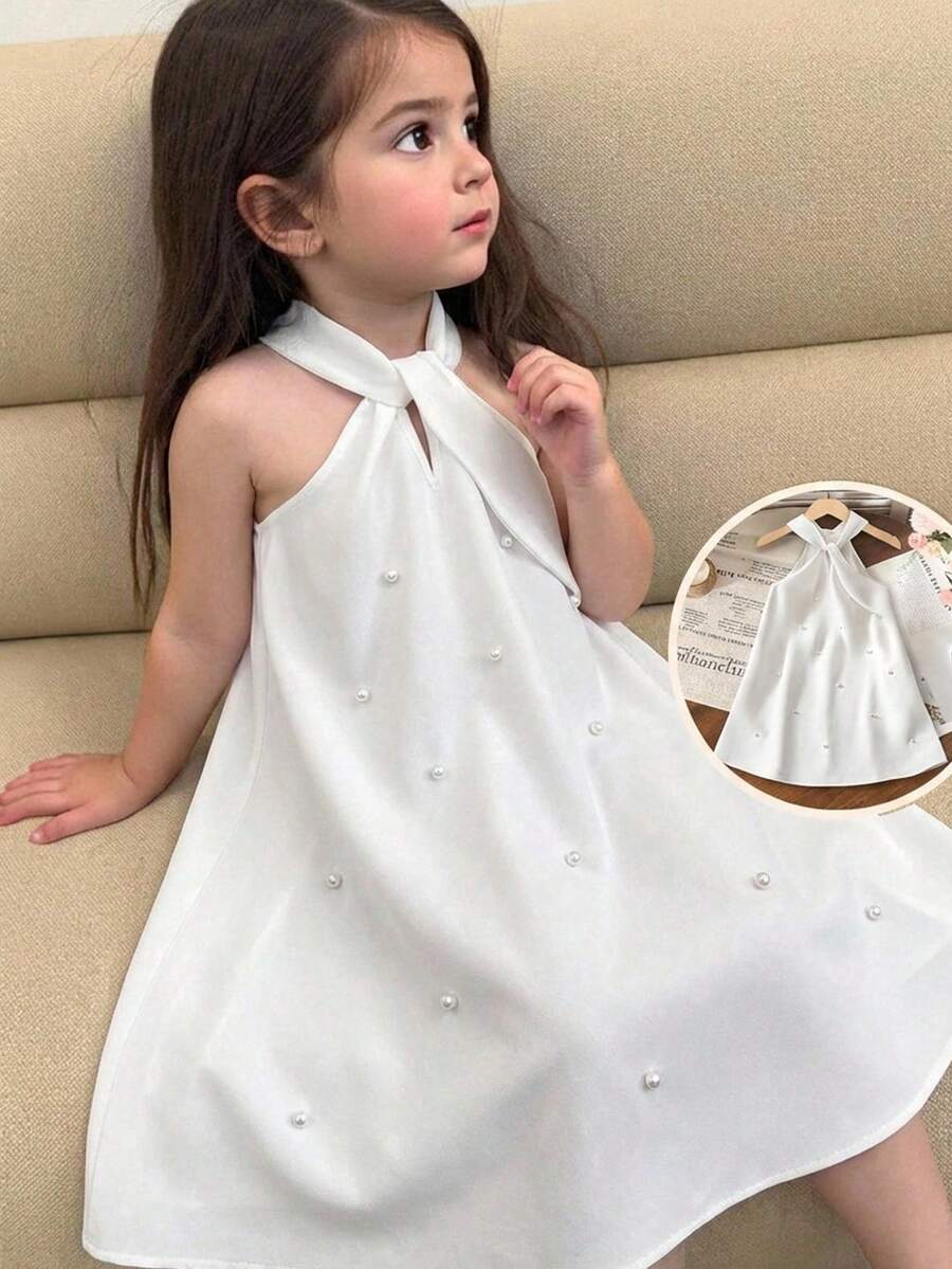 SHEIN 女童乳白色露背A字连衣裙,饰有珍珠串珠大蝴蝶结,可爱公主裙,适合派对、拍照、外出、日常穿着 - 白色 - 查看 1