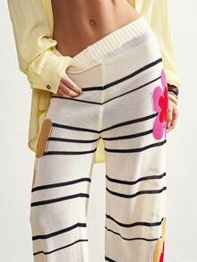 Bohemela 女士条纹休闲针织宽松直筒裤毛衣 - 黑色 - 查看 2
