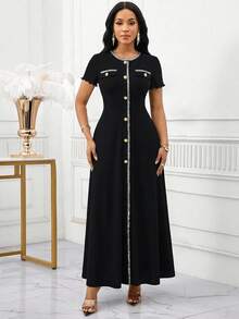 SHEIN Lady Women's Round Neck Button Casual Waist Cinched Long Dress, Suitable For Dates And Parties - Black - View 7