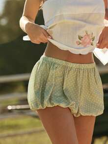 WESTFADE Low-Rise Elastic Waist Polka Dot Bubble Hem Shorts - Mint Green - View 3