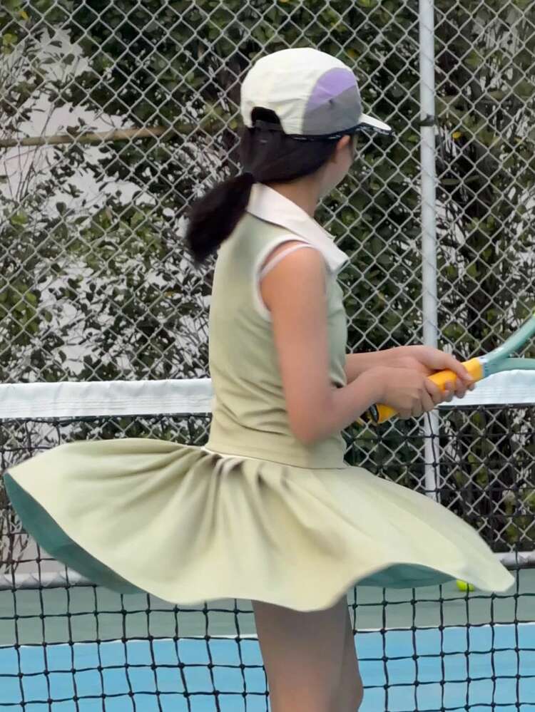 Girls Casual Polo Collar Top And Skirt Set, Sports Outfit