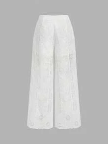 SHEIN MOD 女士纯色蕾丝拼接打结优雅阔腿裤 - 白色 - 查看 9