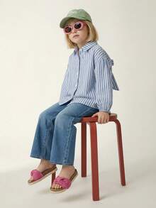 Maija Kids Maija Kids 女童蓝白条纹宽松休闲衬衫，后背饰有蝴蝶结，翻领设计 - 藍白色 - 查看 2