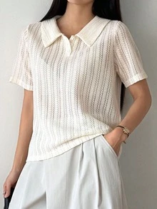 DAZY 女士夏季 Polo 领短袖纹理休闲 T 恤 - 米色 - 查看 3