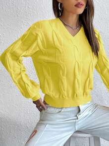 RueChic สเวตเตอร์ ถักลายสายเคเบิล แขนโคมไฟ - สีเหลือง - ดู 5