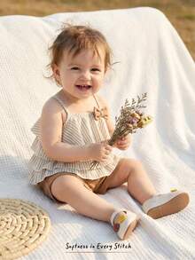 Cozy Pixies 2pcs Baby Girl Vacation Striped Ruffle Layered Camisole Top And Elastic Waist Shorts Set - Khaki - View 1