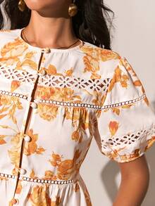 Poéselle Women's Vintage Floral Puff Sleeve Peplum Blouse With Lace Insets,Button-Front Cottagecore Top,Orange And White,Summer,Boho,Vacation,Holiday Resort - Multicolor - View 6