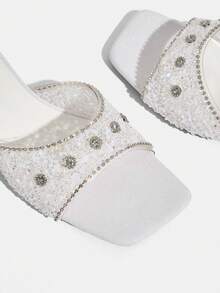 CUCCOO TILAWA Fashionable Square Toe Kitten Heel White Open Toe Transparent Rhinestone Slip-On Sandals, Stylish & Elegant Mid-Heel Dress Sandals For Women - White - View 5