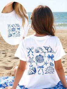 女童贝壳蝴蝶结印花基本款圆领短袖T恤 - 白色 - 查看 2