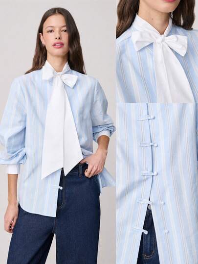 Nöista 浅色条纹衬衫，宽松版型，搭配超大领结和装饰性打结纽扣。甜美复古，是春夏穿搭、日常穿着和休闲通勤的理想之选。