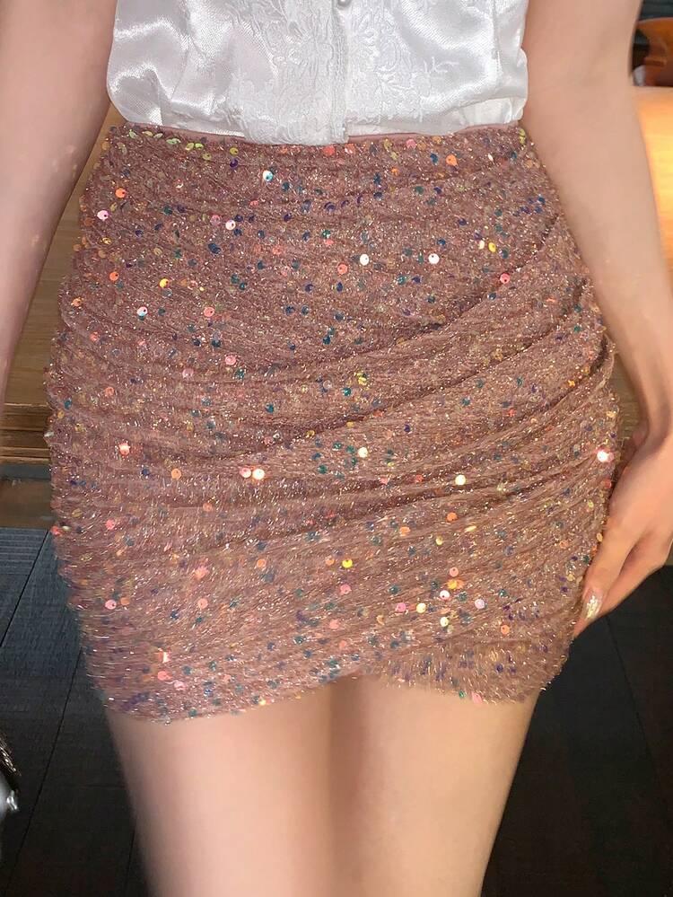 Women's Solid Color Fashionable Slim-Fit Shiny Mini Skirt, Versatile For Summer