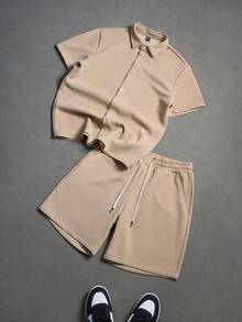 Manfinity RSRT Conjunto de camisa de manga corta y pantalones cortos de unicolor para hombre - Caqui - Ver 1