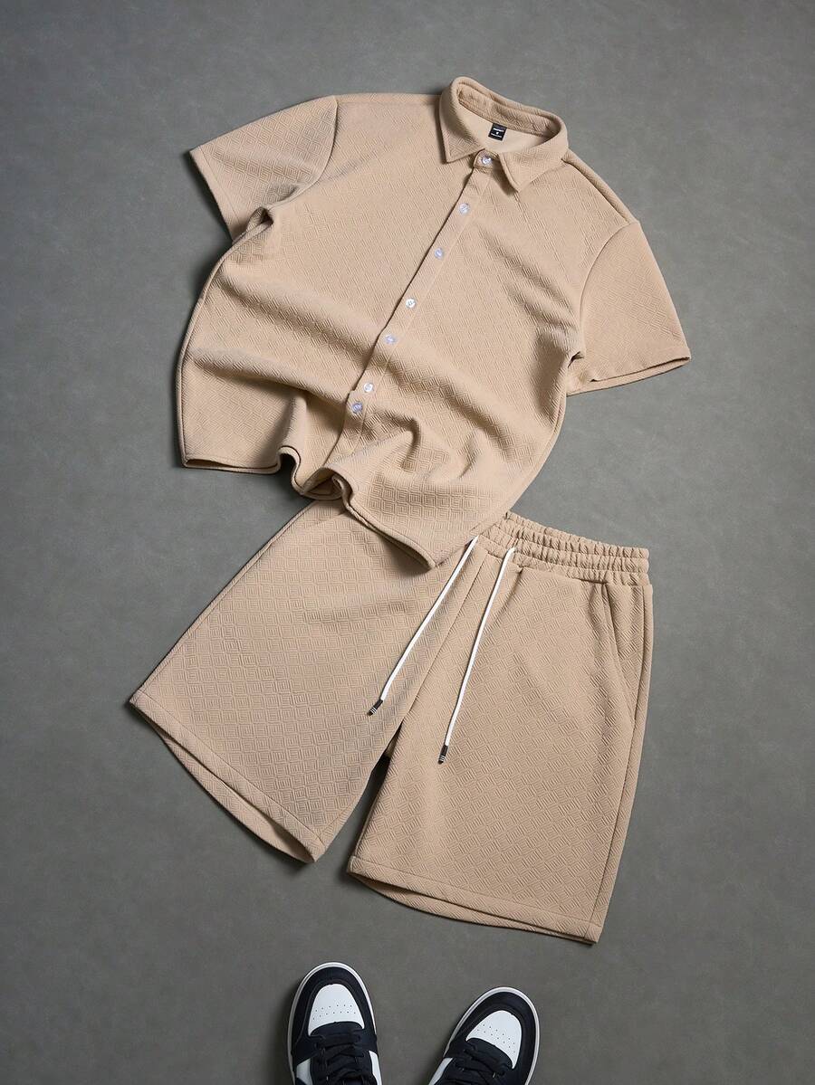 Manfinity RSRT Conjunto de camisa de manga corta y pantalones cortos de unicolor para hombre - Caqui - Ver 1