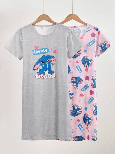 Set de 2 piezas Pijama casual cómodo con estampado de ovejas lindas para niñas, camisón largo de manga corta y cuello redondo