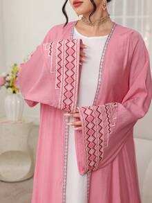 Al Najma Geometric Embroidery Patchwork Robe With Headscarf, Pink - Pink - View 2