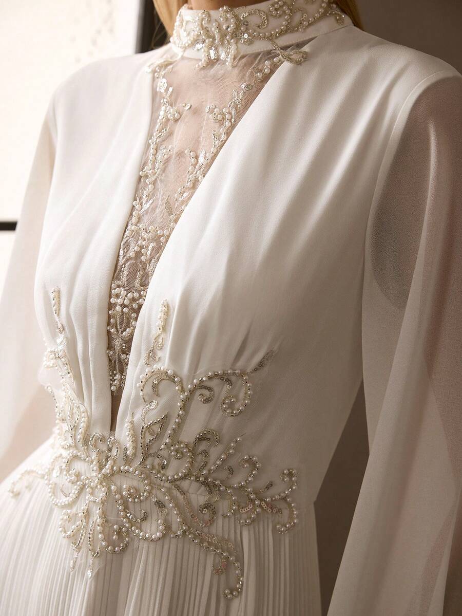 MOTF Soiréza ĐẦM CHIFFON CỔ CAO, TAY LỒNG, PHỐI REN TƯƠNG PHẢN