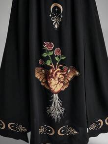 ROMWE Spring/SummergraphicblackGothic Heart, Butterfly, Star & Moon Print Double Slit Dress For Women - Black - View 8