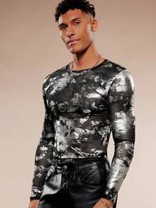 FeverCity 男士时尚休闲银箔印花修身长袖T恤 - 黑色 - 查看 3