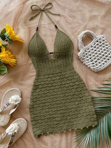 Soleia 大码性感吊带V领镂空木珠修身连衣裙，度假吊带露背渐变针织长裙，适合假日、约会、下午茶、音乐节等场合，波西米亚风 - 橄欖綠 - 查看 4