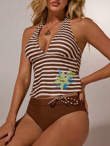 SHEIN Forever 21 女士沙滩度假套装 两件式泳衣 女士度假服装 两件式绿色条纹撞色泳衣套装 - 棕色 - 查看 5
