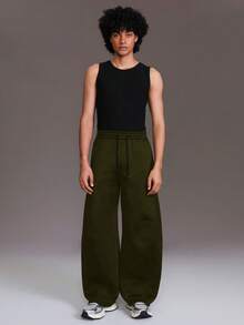 STYNVO Men's Casual Sports Drawstring Waist Loose Wide Leg Sweatpants, Minimalist Solid Color, Versatile For Daily Commute Olive Green Pants Army Green Pants Wide Pants Oversized Pants Loose Pants - Army Green - View 4