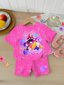 SHEIN 2件套女婴休闲时尚彩色韩流女团字母星星印花套装，个性化数字67图案，趣味六七印花，彩色卡通人物，渐变扎染，韩流粉丝礼物，女婴夏季服装，女婴套装，女婴衣服 - 彩色 - 查看 2